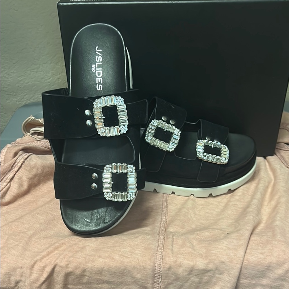 J/SLIDES Black Sandals with Crystal Embellishments